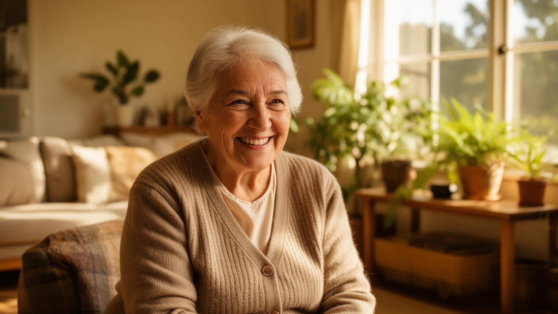 An older Australian woman smiling at home in warm light
